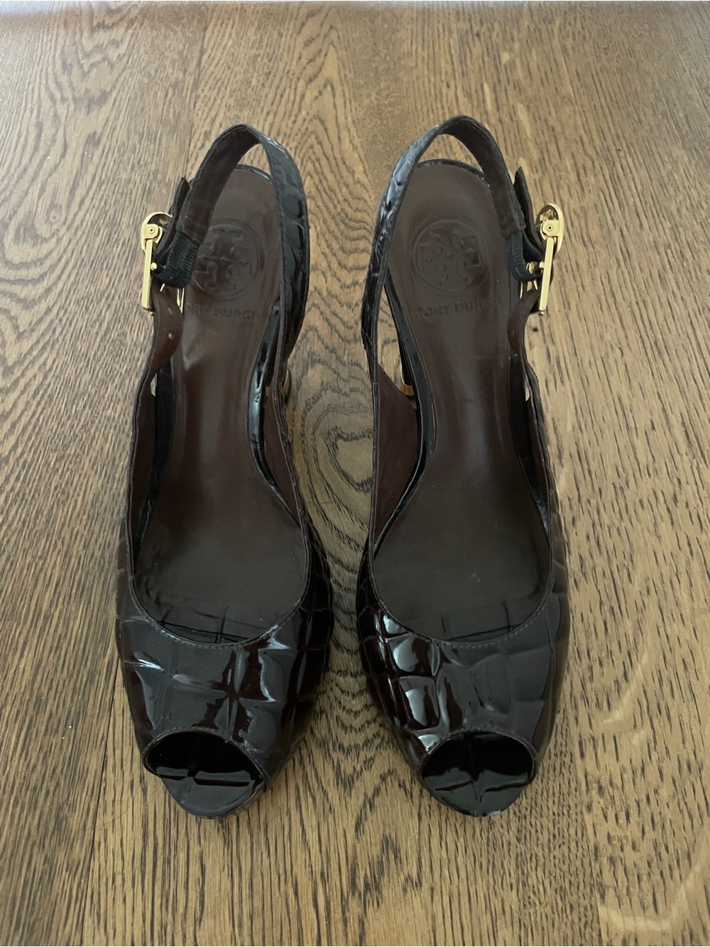 Tory Burch Dark Brown Patent Leather Peep-Toe Slingback Heels with Gold Buckle